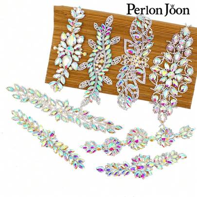 Perlon Joon 1PC Symphony Shiny AB Crystal Glass Decals Silver AB Rhinestone Trim Applique DIY Sew Dress Clothing Shoes Clothing Decoration Accessories