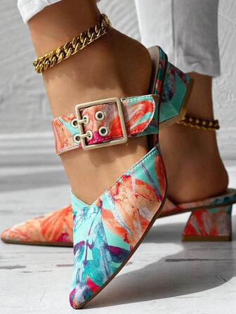 女士花卉印花玛丽珍一脚蹬方头粗跟鞋，优雅通勤日常舒适低跟女式新款穆勒鞋