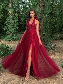 Faeriesty Đầm dạ hội cổ yếm đính ren lưới, Đầm dạ hội trang trọng thanh lịch, Dành cho khách dự tiệc cưới, Tốt nghiệp, Tiệc tối - Màu Đỏ Sâu - Xem 6