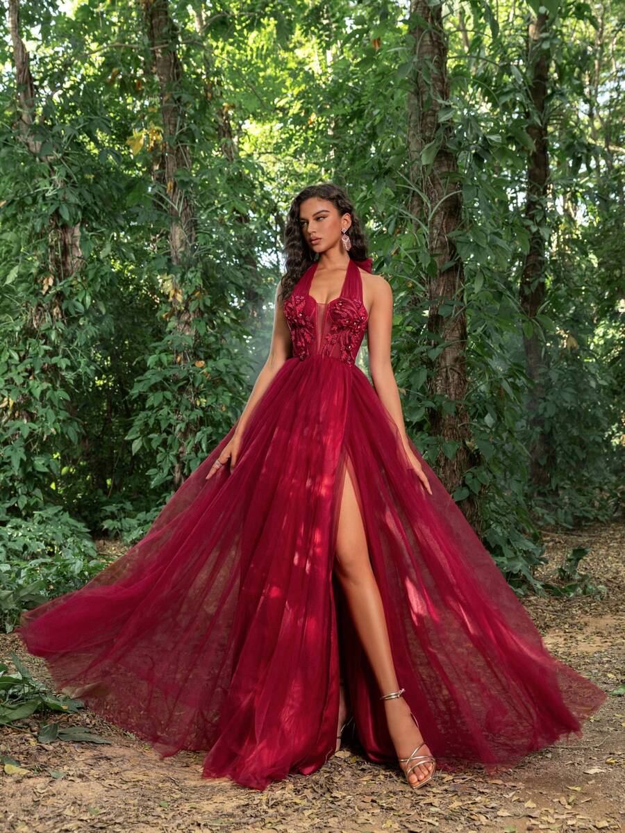 Faeriesty Đầm dạ hội cổ yếm đính ren lưới, Đầm dạ hội trang trọng thanh lịch, Dành cho khách dự tiệc cưới, Tốt nghiệp, Tiệc tối - Màu Đỏ Sâu - Xem 1