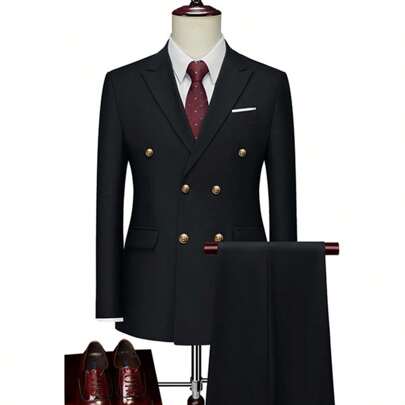 Caelus Fashion New Men's Business Double Breasted Solid Color Suit Coat+Trousers Male Slim Wedding 2 Pieces Blazers Jacket Pants High Quality Social Contact Gown