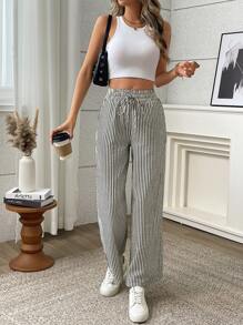 抽绳腰部斜口袋裤条纹休闲阔腿高腰裤 - 黑色 - 查看 5