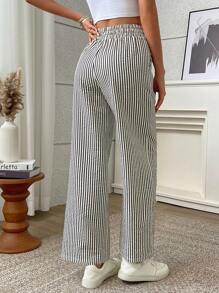 抽绳腰部斜口袋裤条纹休闲阔腿高腰裤 - 黑色 - 查看 2