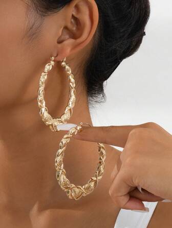 1pair Oval Textured Drop Earrings, European Style For Women Suitable For Festivals, Parties Or Daily Wear