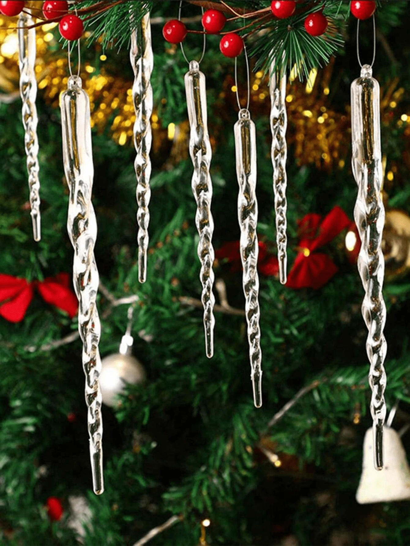 12pcs Transparent Icicle Pendant, Threaded Icicle Decorative Pendant, Christmas, New Year, Wedding, Holiday, Birthday Decoration, Home Decor, Room Decor, Scene Decor, Christmas Tree Ornament