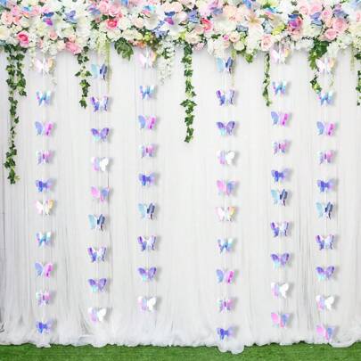 18pcs(3M) Laser Silver Butterfly Flag Paper String, Party, Birthday, Wedding Decoration, Butterfly Flower Party Decoration