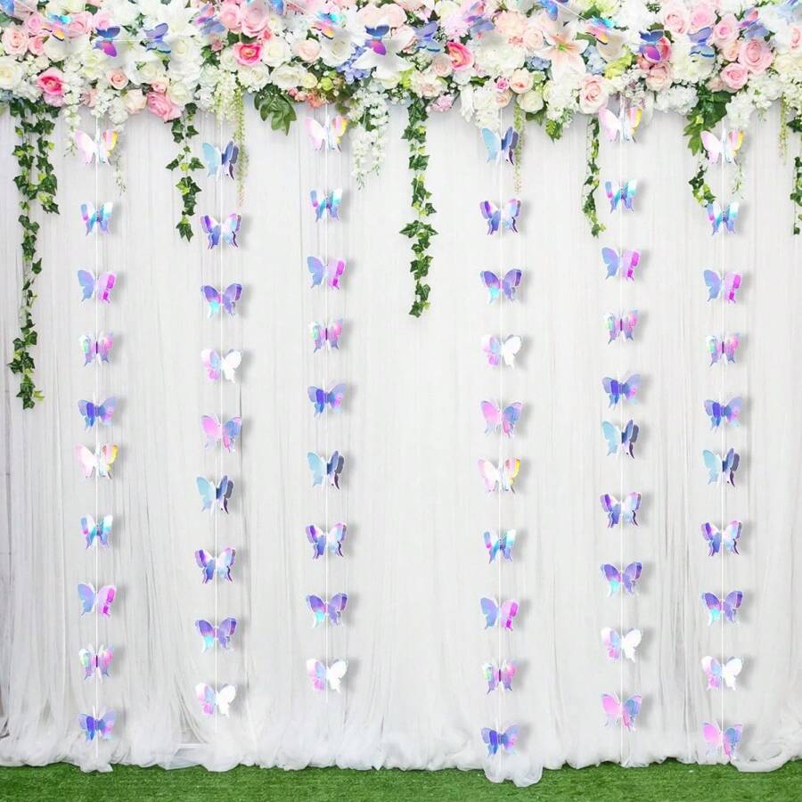 18pcs(3M) Laser Silver Butterfly Flag Paper String, Party, Birthday, Wedding Decoration, Butterfly Flower Party Decoration