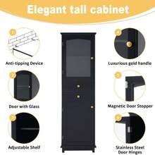 Gabinete de almacenamiento alto para el baño con puertas de vidrio, de pie, con dos cajones y estantes ajustables, de tablero de MDF, pintado en blanco - perfecto para exhibir tus artículos favoritos