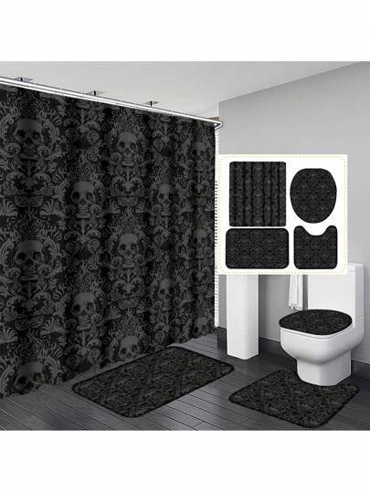 1pc/4pcs Halloween Scary Skull Pattern Bathroom Shower Curtain Set With 12 Hooks, Anti-Slip Bath Mat, Toilet Seat Cover & U-Shaped Rug, Complete Modern Bathroom Decor, 70.8"X70.8" Fall Decor Bathroom Accessories Back To School