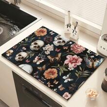 1 pièce Décoration d'Halloween, Décoration de maison, Tapis absorbant pour cuisine et salle de bain avec imprimé crâne floral et papillon, design rayé et à carreaux, protège-éclaboussures de robinet et tapis de vidange - Multicolore - Voir 13