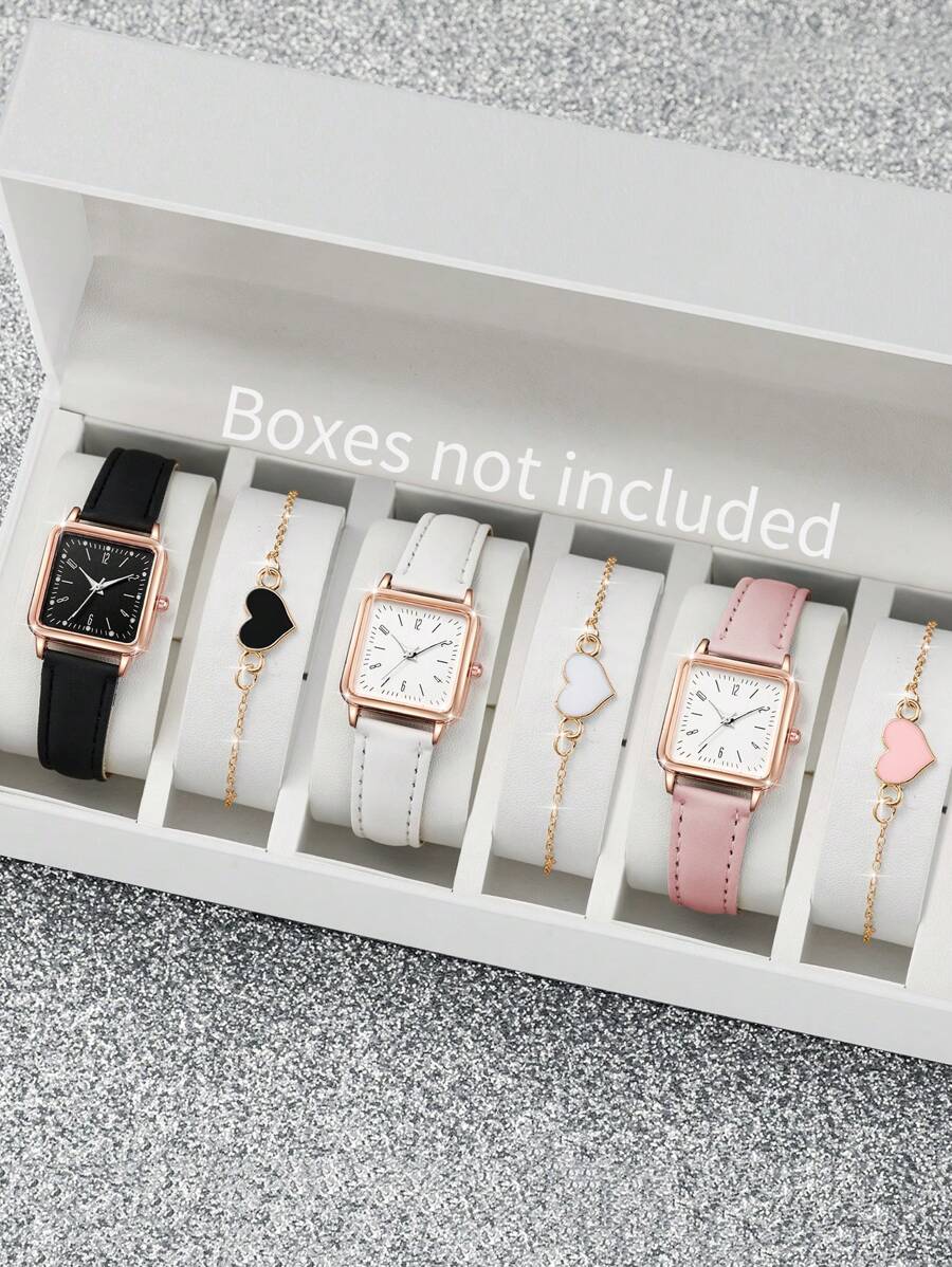 6 件/套女士时尚休闲数字表盘石英腕表 + 心形手链（不含手表） - 彩色 - 查看 1