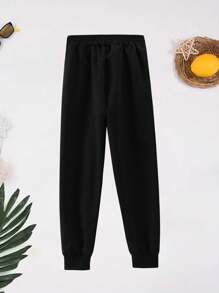 Pantaloni de trening cu imprimeu de desene animate, croială lejeră, joggeri casual cu buzunare, toamnă/iarnă - Negru - Vizualizare 3