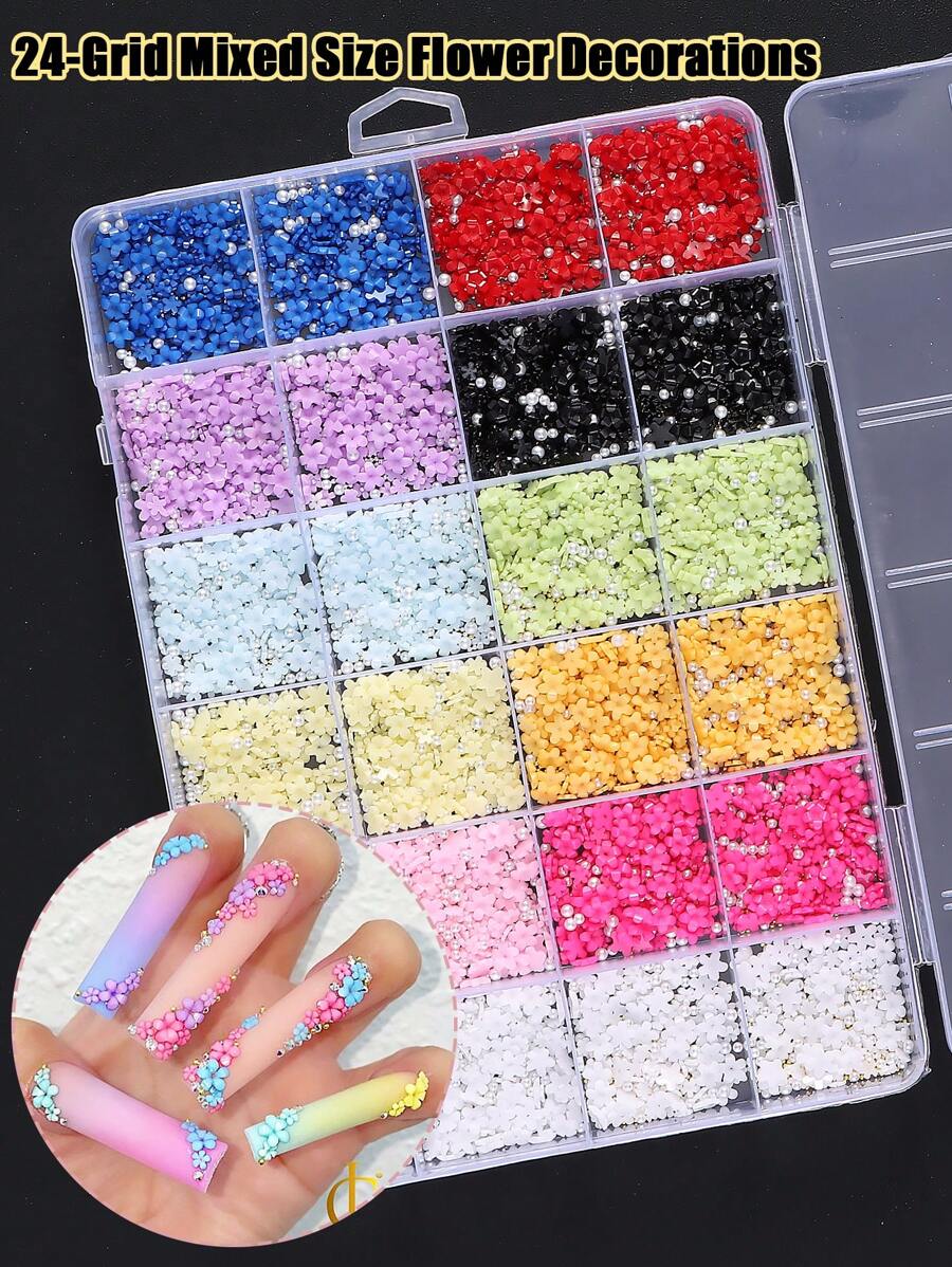 指甲风格 24 格树脂混合尺寸花朵美甲材料盒，含尺寸混合合金装饰品，DIY 美甲材料盒，女性指甲饰品指甲宝石美甲用品的理想礼物 - 彩色 - 查看 1