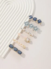 6个装多色贝壳花朵和仿珍珠装饰高级发夹，女士日常佩戴爪夹发卡，上学用品，珍珠发饰，度假装扮