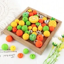 55Pcs/Bag Fruit Flower Cactus Silicone Focal Beads Round Beads Silicone Lentil Beads Set Use For Beadable Pen Keychain DIY Handmade Accessories