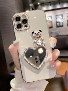 Mirror Valentines Rhinestone Bear & Heart Design Metal Framed Single Buttons Lightweight Glossy Electroplated Phone Case Compatible With Iphone Galaxy Moto OPPO Waterproof Shockproof Anti-Fall Scratch Resistant - White - View 2