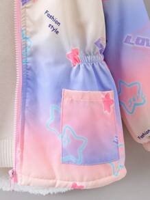 年轻女孩渐变色星星和字母数码印花拉链连帽夹克，加厚衬里，冬季 - 粉色 - 查看 5