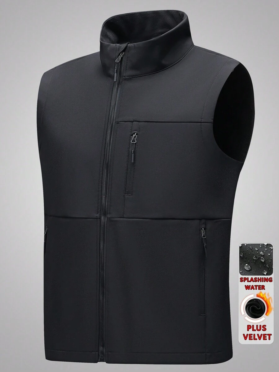 男士无袖马甲，秋冬季户外夹克，立领开衫款式上衣，户外服装，轻薄保暖内衬夹克，适合登山、旅行、休闲运动和钓鱼，黑色抓绒 - 黑色 - 查看 1