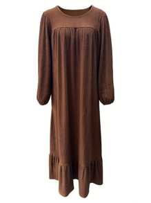 Women Spring Autumn Vintage Modest Long Sleeve Dress, Puff Sleeve, Pockets, Ruffle Hem - Coffee Brown - View 3