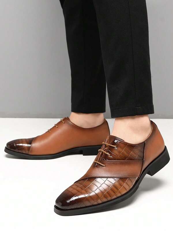 PLUS SIZE Men's Plaid Pattern Design Solid Derby Shoes With PU Leather Uppers, Wear-Resistant Non Slip Lace-Up Dress Shoes For Business Occasions Men's Office Daily Footwear