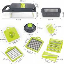 14 en 1 Picador de verduras multifunción Rallador Cortador Rebanador Picador Manual De Verduras Fruta cortador,cortador de verduras de cocina, de verduras con 8 cuchillas, de zanahoria y ajo con recipiente - Negro - Ver 10