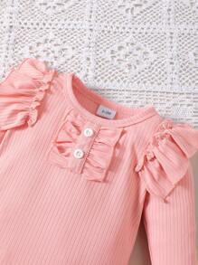 女婴粉色褶皱短袖连体衣和蝴蝶结长裤两件套 - 粉色 - 查看 3