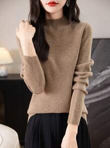 Women's 100% Merino Wool Sweater One-Line Seamless Sweater Women's Mock-Neck Sweater Fall Winter Longsleeve Soft Knitted Pullover - Lạc đà - Xem 5