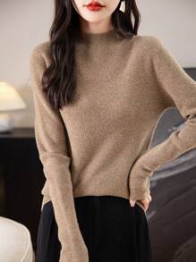 Women's 100% Merino Wool Sweater One-Line Seamless Sweater Women's Mock-Neck Sweater Fall Winter Longsleeve Soft Knitted Pullover - Lạc đà - Xem 2