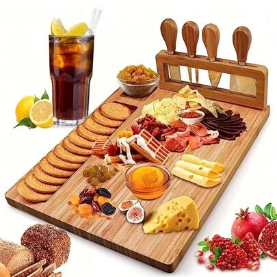1 Set Bamboo Cheese Board Set, Cheese Tray, Charcuterie Board And Serving Platter With 4 Stainless Steel Cheese Knives, Ideal For Wedding Gifts Christmas Birthday Party, Thanksgiving Partyfavor,