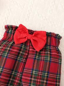 2pcs Christmas Baby Girls' Red Plaid Ruffled Bodysuit And Plaid Bow Pants Set - Red - View 7
