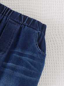 2pcs Young Girl Casual Cute Ribbed Bow Top And Flared Denim Pants Set, Autumn/Winter