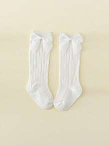3 Pairs Girls White Bow Decor Ribbed Knee High Socks, Suitable For School Uniform With Elementary & Middle School Students - White - View 4