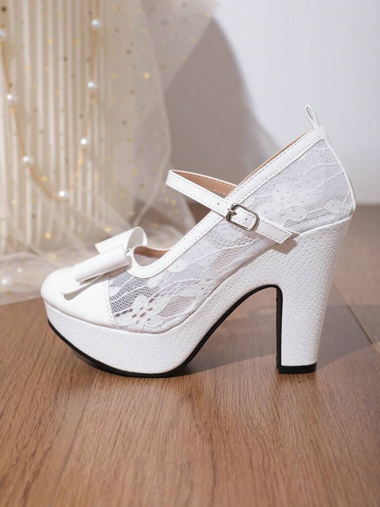 Novos Sandálias de Plataforma Impermeáveis para Outono/Inverno com Laço, Bico Redondo e Tela, Sapatos de Salto Alto Grosso com Strass Brancos para Mulheres, Elegantes, Mary Jane, Festa - Branco - Visão 6