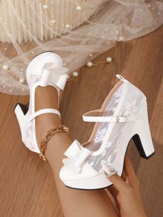 Fall/Winter New Waterproof Platform Bow Round Toe Mesh Sandals, White Rhinestone Thick High Heel Shoes For Women,Elegant,Mary Jane,Party