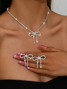 时尚简约蝴蝶结项链和耳环套装，女士婚礼首饰，优雅闪亮派对和节日礼物