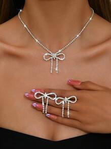 时尚简约蝴蝶结项链和耳环套装，女士婚礼首饰，优雅闪亮派对和节日礼物