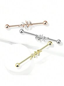 1pc Zirconia Leaf Piercing Stud Earring, 316 Stainless Steel Fashion Niche Industrial Barbell Long Ear Bridge Cartilage Earring, Body Piercing Jewelry, Gift For Date, Party & Daily Wear