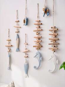 1pc Mini Wooden Fish Ornament Decor, Fishing Net Backdrop Decoration, Ocean Theme Wall Hanging - Multicolor - View 3