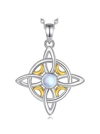 1pc 925 Sterling Silver 18K Gold Plated Moonstone Witchcraft Knot Pendant Necklace, Minimalist Design