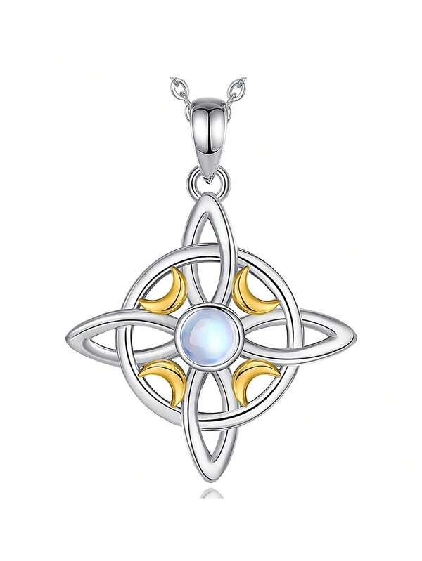 1pc 925 Sterling Silver 18K Gold Plated Moonstone Witchcraft Knot Pendant Necklace, Minimalist Design
