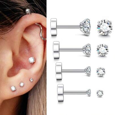 2/8pcs Inlaid Transparent CZ Earring Studs Stainless Steel Hypoallergenic 20G Internally Threaded Labret Medusa Conch Tragus Earrings Studs 3mm 4mm 5mm 6mm Piercing Jewelry Decoration For Women And Men