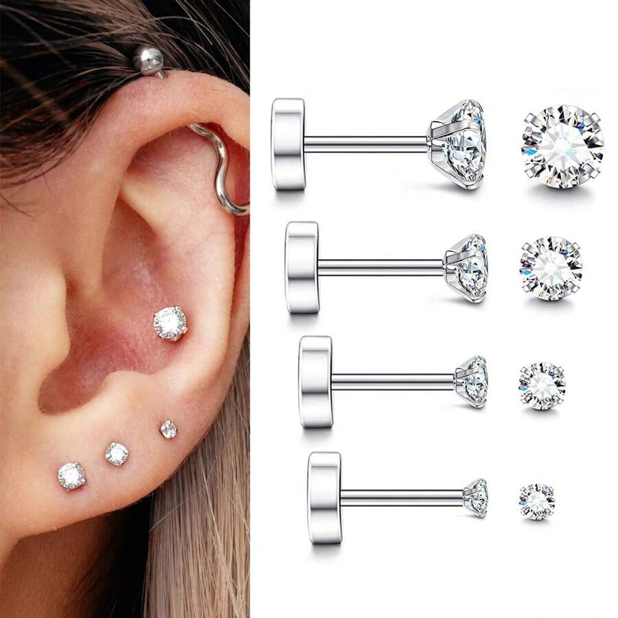 2/8 件镶嵌透明 CZ 耳环耳钉不锈钢防过敏 20G 内螺纹唇钉美杜莎海螺耳屏耳环耳钉 3mm 4mm 5mm 6mm 穿孔珠宝装饰男女皆宜