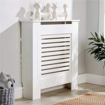 UNHO 92cm High Radiator Cover Wood Cabinet Heater Cover W/ Shutter Grid Fence Bedroom White Grey S/M/L/XL