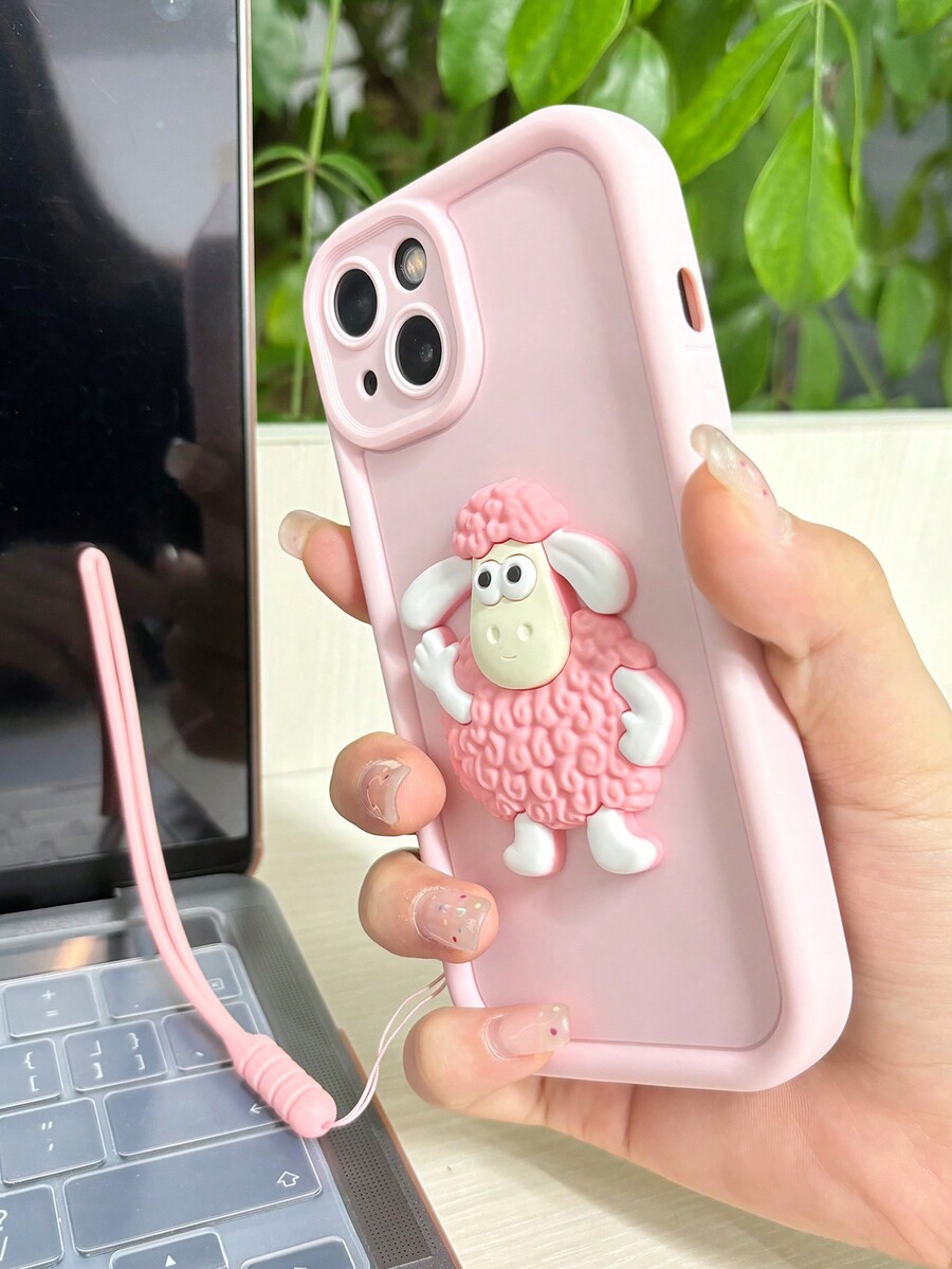 Creative 3D Cartoon Sheep Lanyard Protective Case For Apple IPhone 15