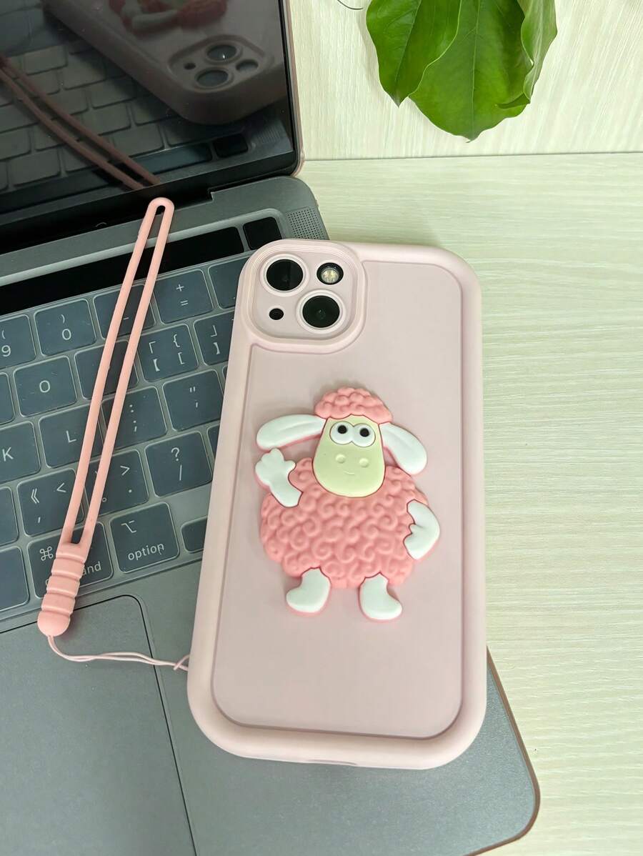 Creative 3D Cartoon Sheep Lanyard Protective Case For Apple IPhone 15