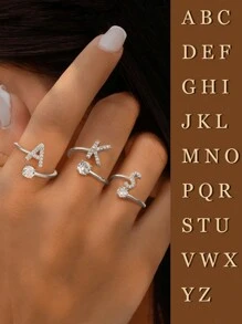 ESBERRY 1入組縮寫字母A-Y可調節戒指適合女士S925純銀個性化環精細首飾類生日禮物 - 銀色 - 查看 10