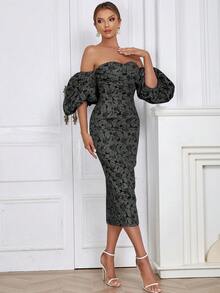 Minimalist Sexy Off-Shoulder Puff Sleeve Open Back Fitted Bodycon Dress For Women - Black - View 4