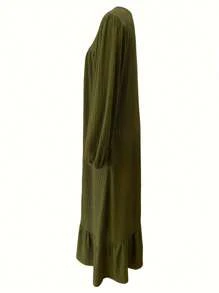 Vestido midi de manga larga, con volantes en el bajo, mangas abullonadas y bolsillos, estilo vintage, para primavera y otoño - Verde militar - Ver 4