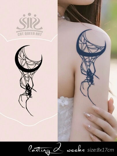 1 pièce Tatouage temporaire de lune croissante et toile d'araignée, tatouage magique au jus d'herbes, festival de musique 7-14 jours imperméable, non réfléchissant, grand autocollant de tatouage pour le bras/la poitrine/le dos