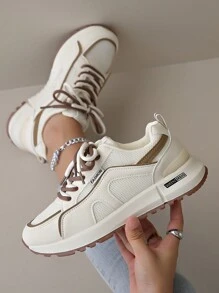 New Women's Thick Sole Sneakers, Brown/Beige Mesh Casual Shoes, Fashion Flat Outdoor Chunky Sneakers, All Season - Màu be - Xem 1